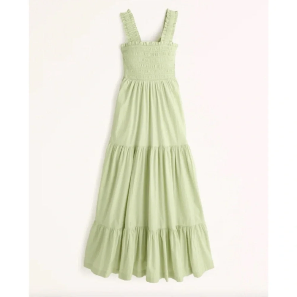 Abercrombie & Fitch Smocked Bodice Easy Maxi Dress Tiered Boho Light Green NWT S